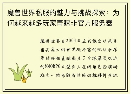 魔兽世界私服的魅力与挑战探索：为何越来越多玩家青睐非官方服务器
